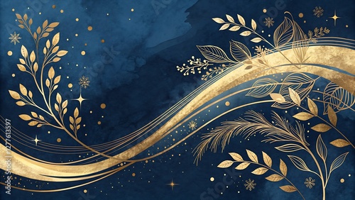 Deep Navy Blue Background with Elegant Gold Foil Brush Strokes and Subtle Sparkles rich and luxurious deep navy blue background adorned with sweeping gold foil brush strokes that glisten photo