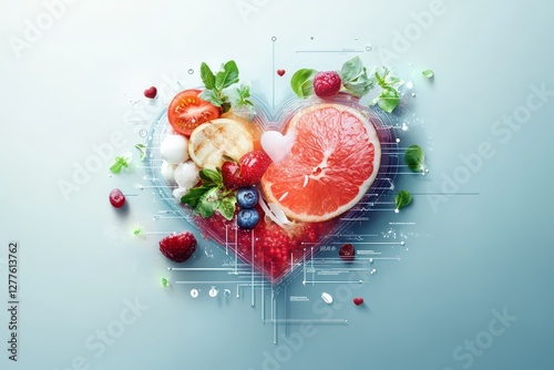 A digital illustration combining a heart-shaped food arrangement with floating health-related infographics about cholesterol management