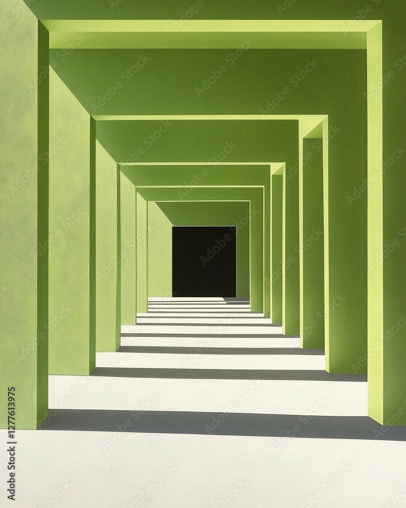 Green corridor architecture, sunlight shadows, perspective, design Green corridor architecture, sunlight shadows, perspective, design