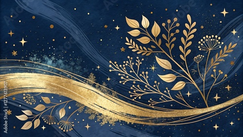 Deep Navy Blue Background with Elegant Gold Foil Brush Strokes and Subtle Sparkles rich and luxurious deep navy blue background adorned with sweeping gold foil brush strokes that glisten photo