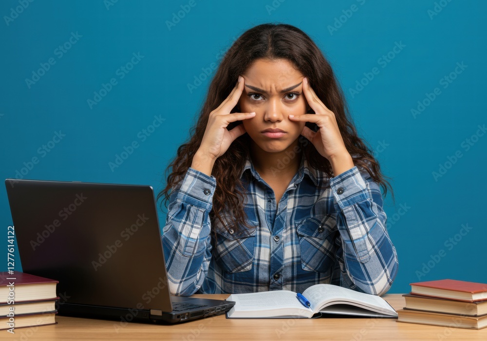 An African American woman who looks dizzy holds her head. An African American woman who looks dizzy holds her head.