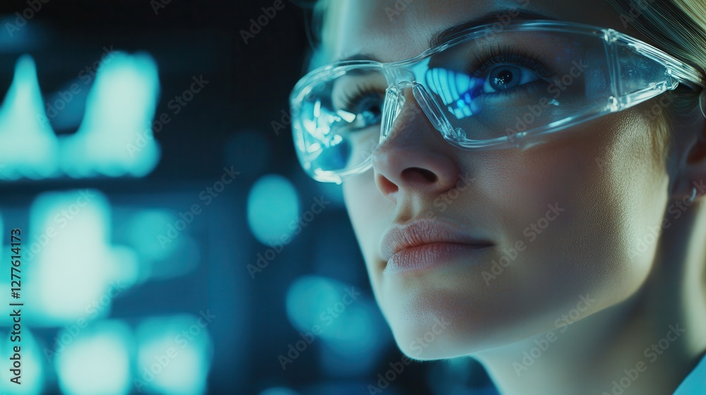 Female Scientist in Laboratory with Protective Eyewear and Equipment Female Scientist in Laboratory with Protective Eyewear and Equipment