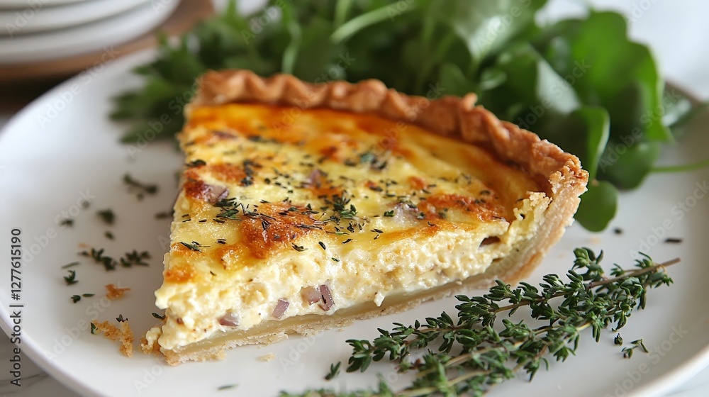 A slice of quiche on a plate, garnished with herbs and accompanied by fresh greens. A slice of quiche on a plate, garnished with herbs and accompanied by fresh greens.