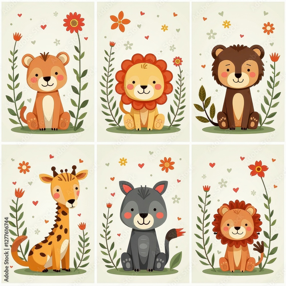 Obraz premium Set of 6 Cute Cartoon Baby Animals with Flowers and Hearts Illustration