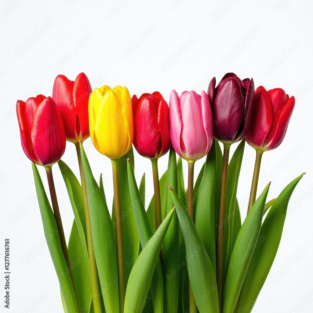 Obraz premium Vibrant Mixed Color Tulip Bouquet on White Background