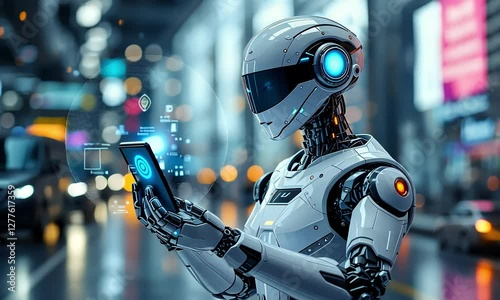 White Robot Using Smartphone in City at Night