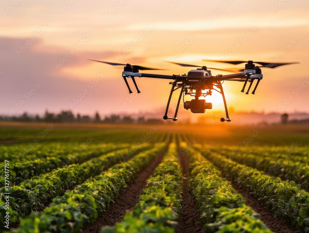 A drone flies over a field at sunset, highlighting agricultural technology and precision farming in a vibrant landscape. A drone flies over a field at sunset, highlighting agricultural technology and precision farming in a vibrant landscape.