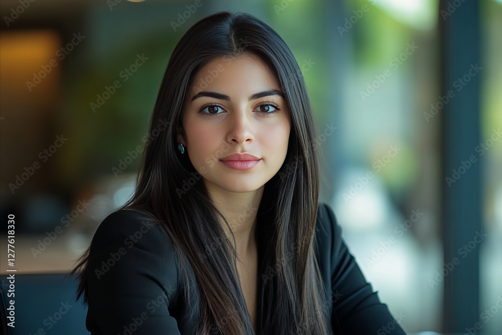 Naklejka premium Portrait of a young Hispanic professional business woman in an executive boardroom discussing strategy – Strategic and decisive corporate manager