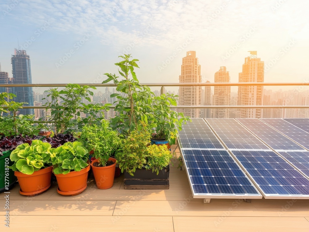 Fototapeta premium A rooftop garden featuring vibrant plants alongside solar panels, blending urban living with sustainable energy solutions under a bright sky.