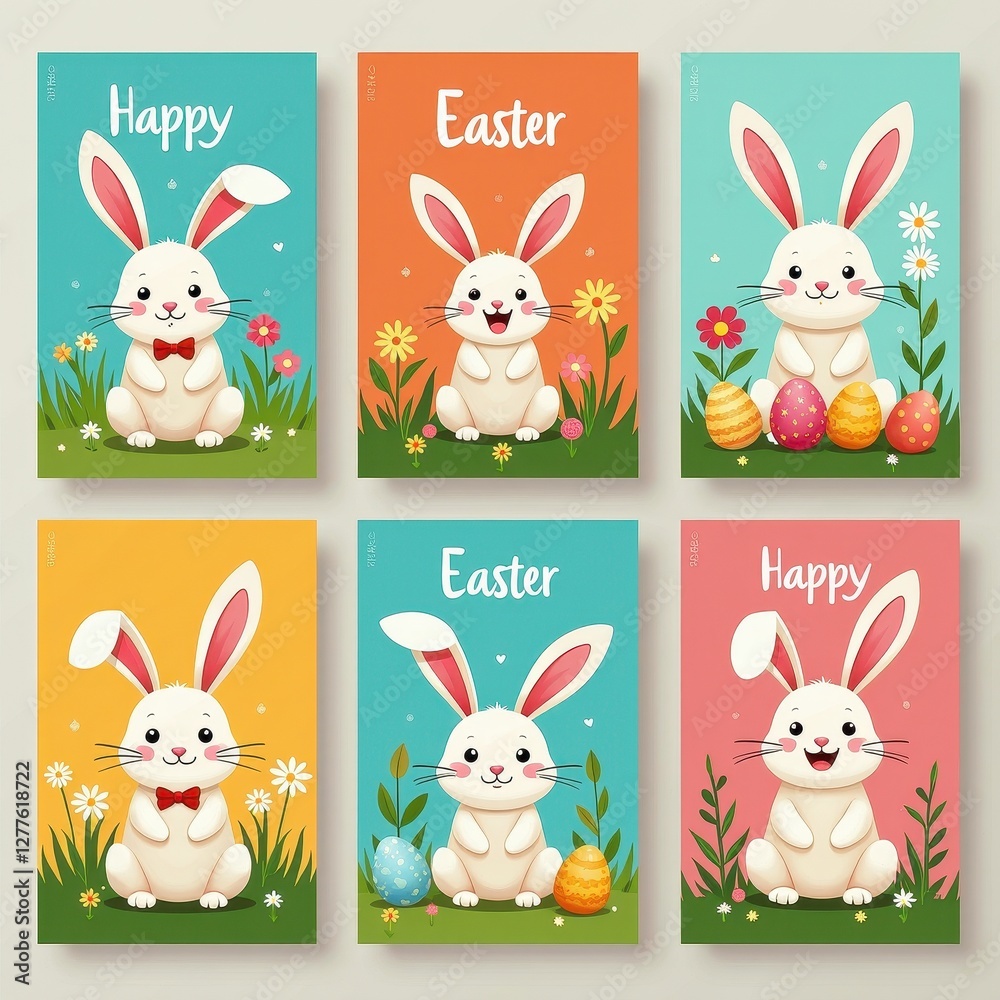 Obraz premium Set of 6 Happy Easter Bunny Cards with Eggs and Flowers
