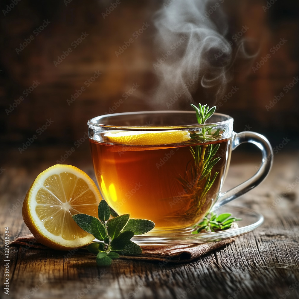 Steaming Cup of Tea with Herbs and Lemon on Wooden Table Steaming Cup of Tea with Herbs and Lemon on Wooden Table