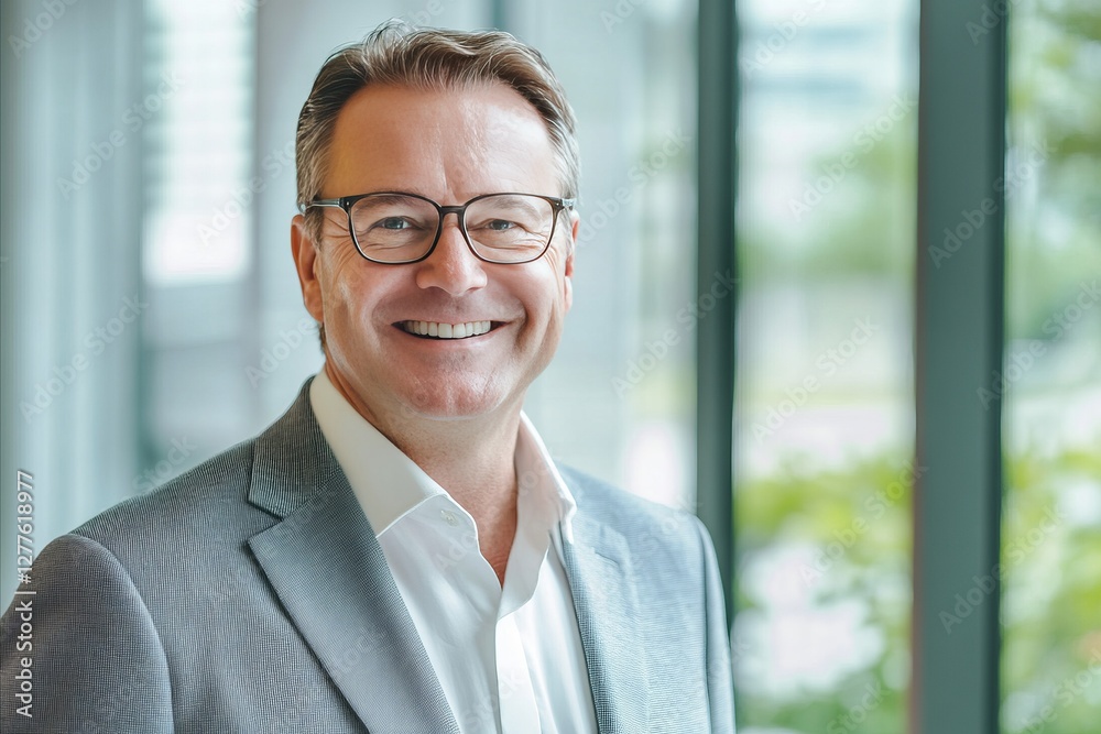 Middle aged professional business man with glasses wearing white shirt and suit happily smiling standing in office near glass window Middle aged professional business man with glasses wearing white shirt and suit happily smiling standing in office near glass window
