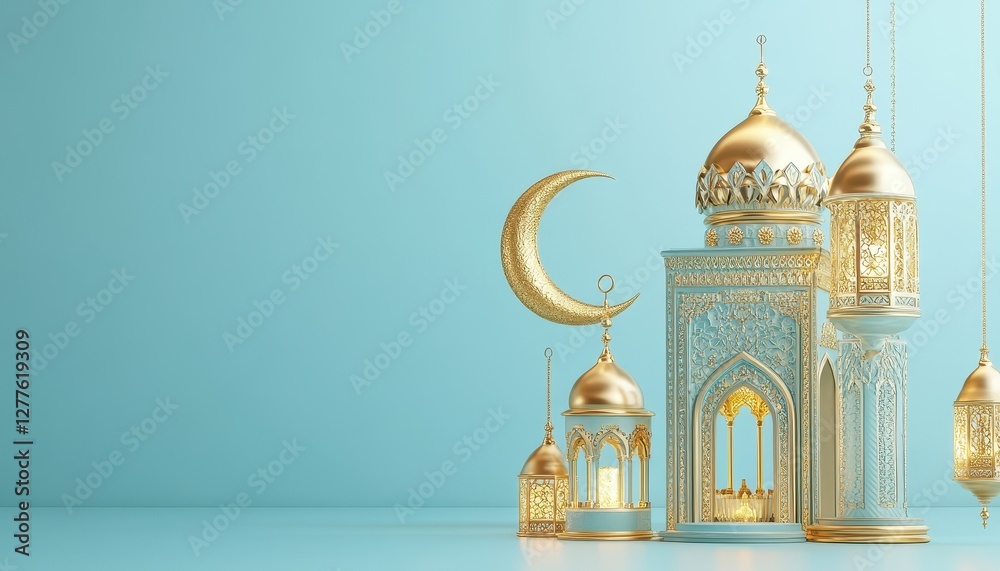 Ornate White Mosque with Golden Lanterns and Crescent Moon on Blue Background Ornate White Mosque with Golden Lanterns and Crescent Moon on Blue Background
