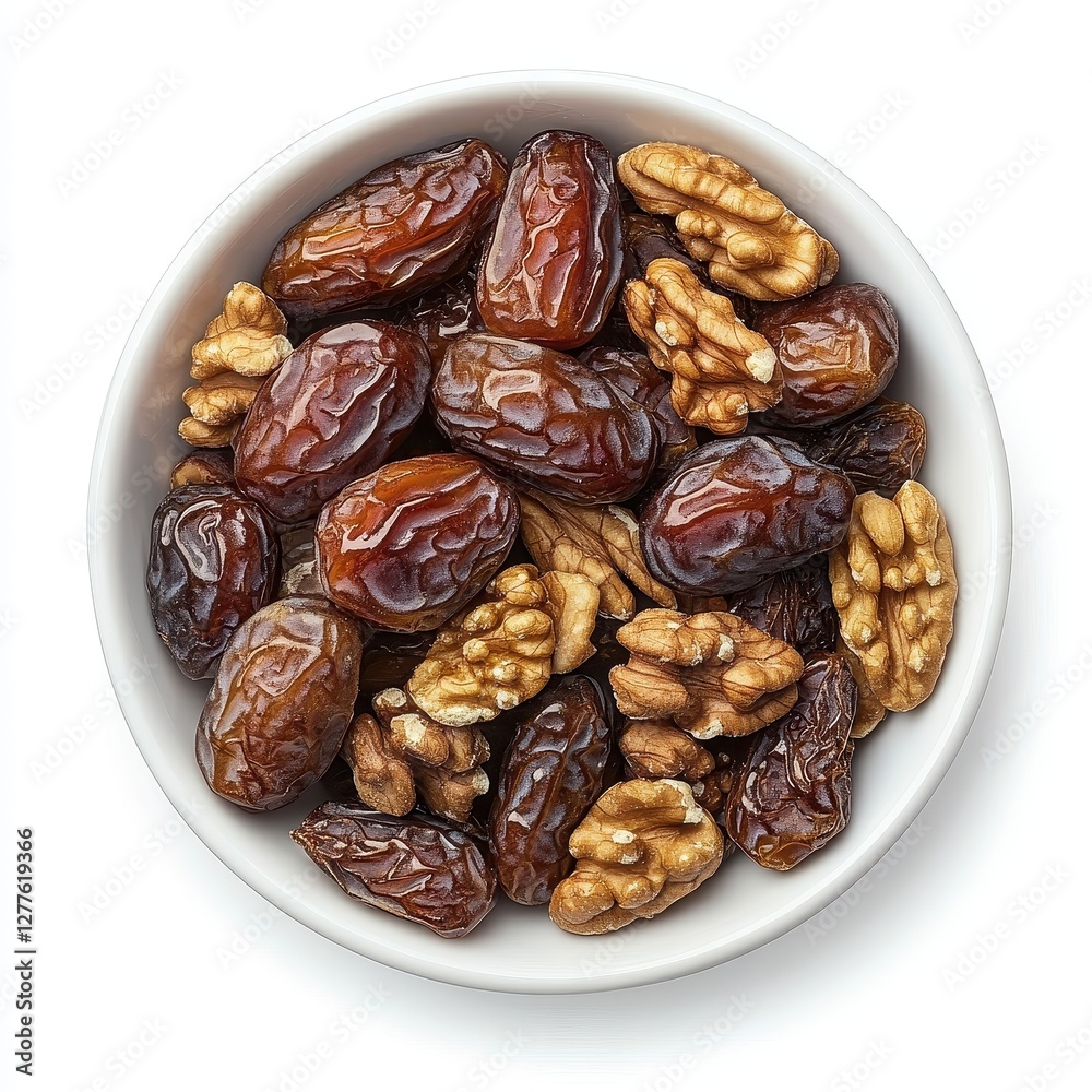 Overhead View of Bowl of Dried Dates and Walnuts on White Background Overhead View of Bowl of Dried Dates and Walnuts on White Background