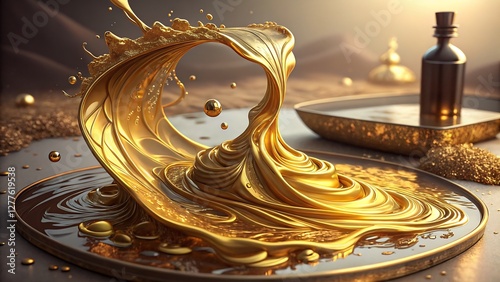 Luxurious Golden Liquid Waves with Smooth Reflections and Rich Metallic Tones captivating abstract design featuring fluid golden waves, flowing gracefully with smooth, mirror-like reflections photo