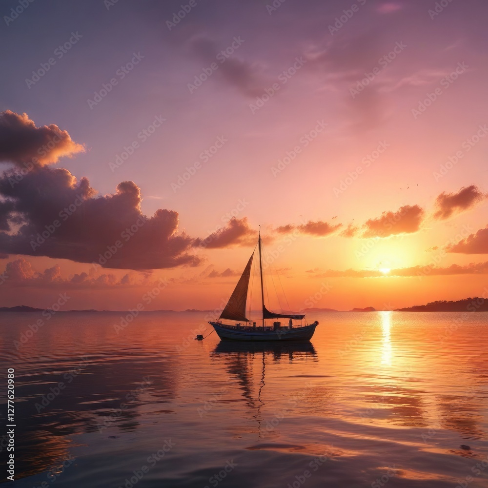 Naklejka premium A lone boat sailing in the fading light of sunset in Laguna Formosa, sailboat on water, serenity, sunset