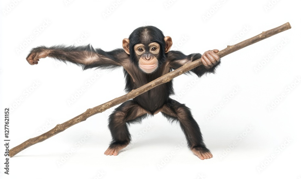 Young chimpanzee playfully wielding a stick, showcasing its playful nature against a white background Young chimpanzee playfully wielding a stick, showcasing its playful nature against a white background
