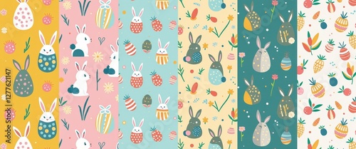 Wallpaper Mural Vibrant Easter Collage Patterns Featuring Animated Rabbits, Fruits, and Flowers in Bright Colors. A set of four seamless patterns featuring rabbits and fruits. Torontodigital.ca
