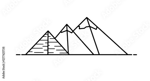 Ancient Wonders: A minimalist line art illustration showcases a majestic pyramid standing beside towering mountains, symbolizing the grandeur of historical architecture and the raw power of nature.