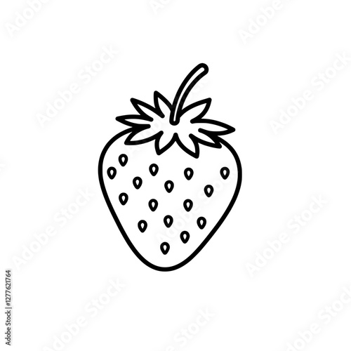 Strawberry Outline: A simple line drawing of a fresh strawberry, capturing the iconic shape, seeds, and stem of the beloved fruit, perfect for design or educational materials.