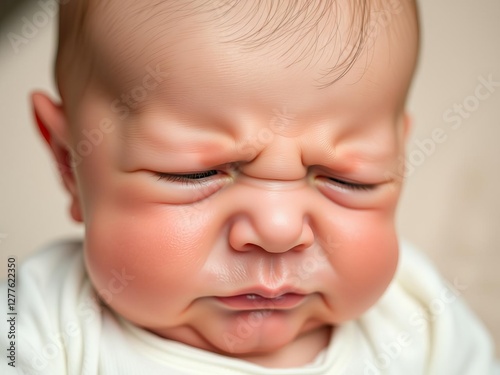 Close up portrait of a newborn baby crying with emotions of discontent, displaying signs of colic, newborn photography, infant, fussy