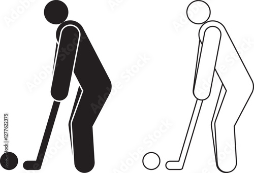 Golf player icon. The image features a stick figure in a bent posture, holding a golf club and preparing to hit the ball. The design is simple and minimalistic, with one solid black figure and one out