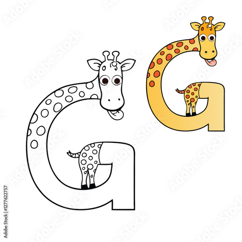 Alphabet letter "G" with a cute giraffe coloring page. Features a bold uppercase "G" alongside a friendly giraffe, perfect for kids to color and learn!