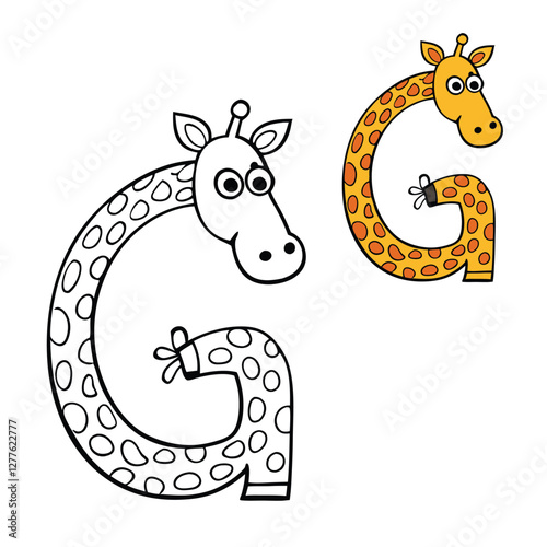 Alphabet letter "G" with a cute giraffe coloring page. Features a bold uppercase "G" alongside a friendly giraffe, perfect for kids to color and learn!