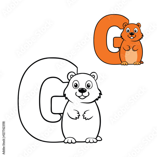 Alphabet letter "G" with a cute groundhog coloring page. Features a playful groundhog near a bold letter "G," perfect for kids to color and learn. Fun and educational!