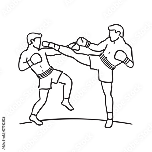 two kickboxers sparring in a ring, exchanging rapid kicks and punches