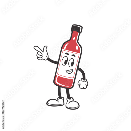 Cartoon ketchup bottle character pointing with a smile, designed in a playful and fun style