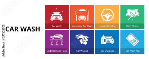 Car Wash Glyph Solid Banner Web Icon Set Vector Illustration, Car Wash Automatic Interior Detailing Glass Cleaner Undercarriage Flush Waxing Shampoo App
