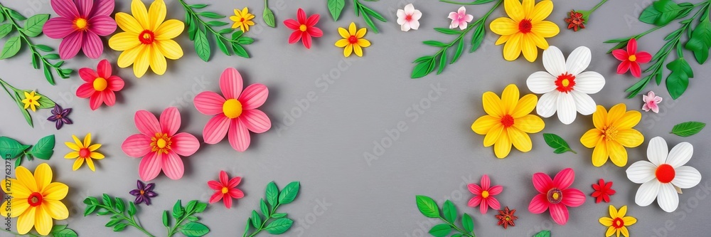 Colorful paper flowers and green plants arranged on a grey background, pattern, artistic, floral Colorful paper flowers and green plants arranged on a grey background, pattern, artistic, floral