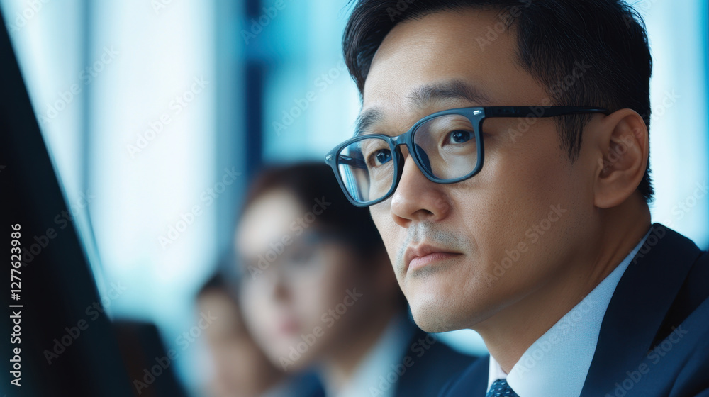 Focused man in glasses working in office environment, deep in thought. His expression reflects concentration and professionalism, surrounded by colleagues Focused man in glasses working in office environment, deep in thought. His expression reflects concentration and professionalism, surrounded by colleagues