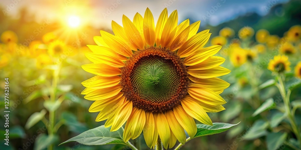 Fototapeta premium A majestic sunflower towering above the landscape with its large petals and dark center surrounded by a few green leaves, petal, blossom, tall, dark