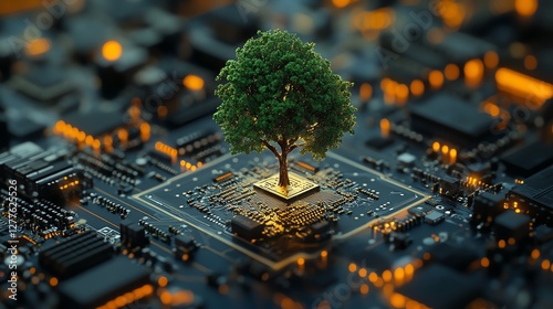 Microchip with a green tree growing from it on a circuit board photo