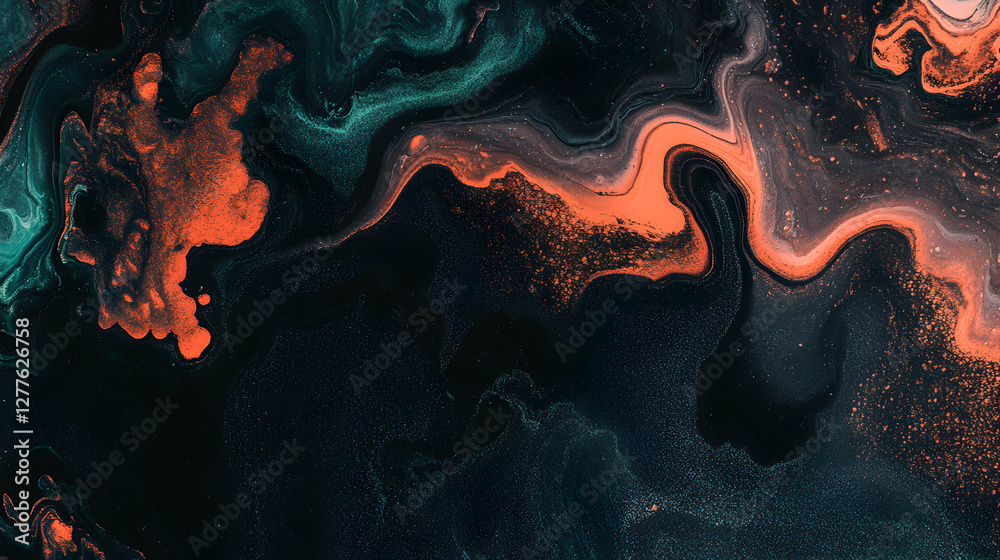 Obraz premium Abstract fluid art background with teal, orange, and black paint swirls. Perfect for design projects needing a unique texture.