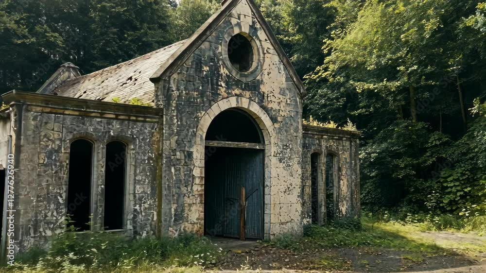 Abandoned stone building surrounded by lush greenery in a secluded forest area during daylight hours Abandoned stone building surrounded by lush greenery in a secluded forest area during daylight hours