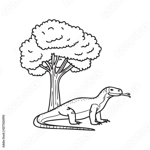 Komodo dragon resting under the shade of a tree with its tongue flicking out