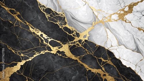 Sophisticated Black and White Marble Background with Gold Accents and High Contrast elegant and timeless black and white marble texture, characterized by bold, natural veining and enhanced. photo