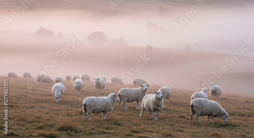 A serene flock of sheep grazes on a misty hillside at dawn, surrounded by soft fog that blankets the rolling countryside, creating a peaceful and dreamlike rural landscape.