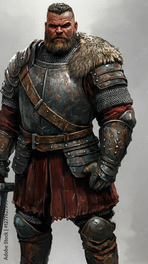 Powerful warrior in armored attire with intricate details and a fierce expression stands ready for battle in a fantasy setting Powerful warrior in armored attire with intricate details and a fierce expression stands ready for battle in a fantasy setting