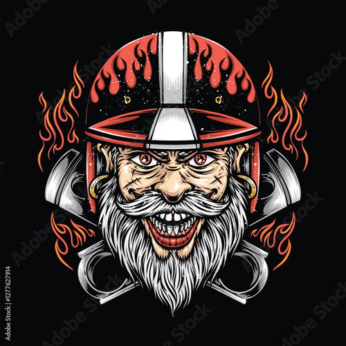 bearded biker with red helmet and piston