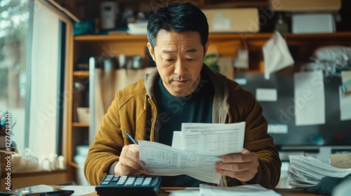 man reviewing bills and finances at home office