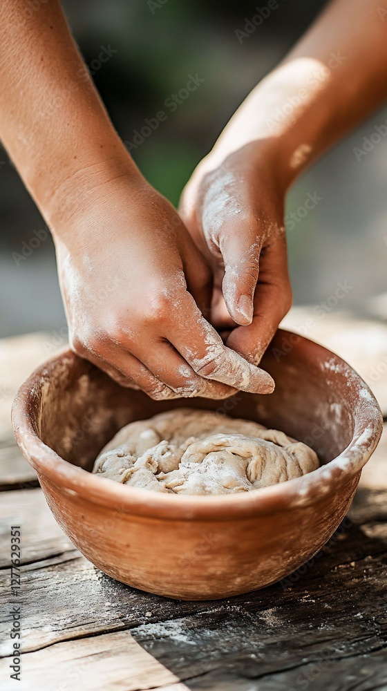 Fototapeta premium Hands kneading dough in clay bowl outdoors