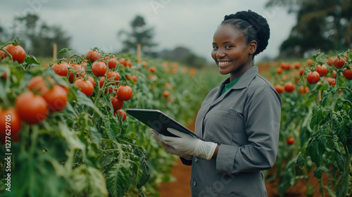 Black modern farmer woman holding tablet working in tomato plant field