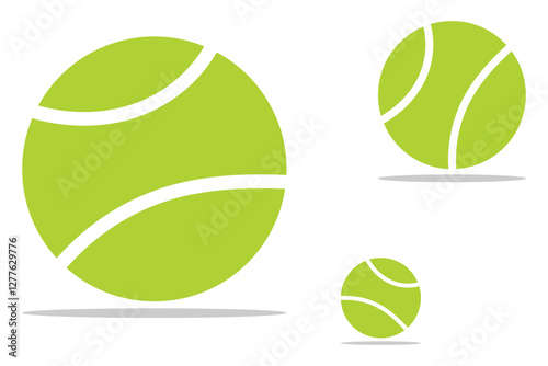 Tennis Ball, full depth of field. Close-up of a vibrant neon yellow tennis ball on a bright blue court. The ball’s fuzzy texture and logo are prominent against the clean, colorful surface. EPS 10. 