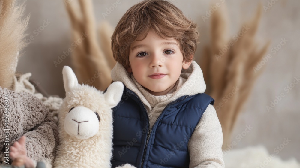 adorable toddler boy with llama plush toy adorable toddler boy with llama plush toy