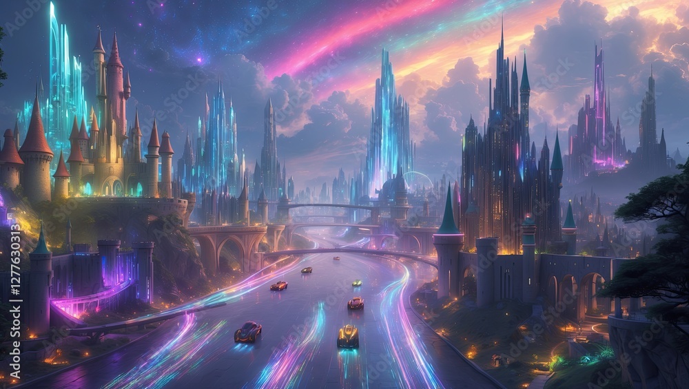 Obraz premium Futuristic Cityscape with Vibrant Energy Flowing Through Canals 