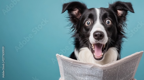 Cheerful Border Collie Dog Holding Newspaper with Excitement against a Bright Blue Background